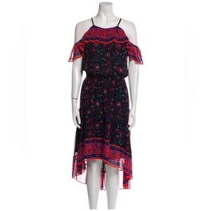 Joie NWT 100% silk high low hem floral ruffle midi dress black pink red blue